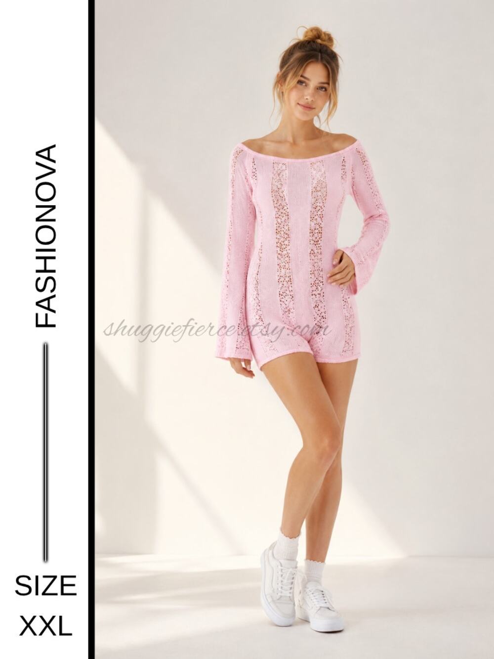 MSRP: $45 | ✨ Fashion Nova Baby Pink Open-Back Stretch Shorts Romper | Size XXL✨